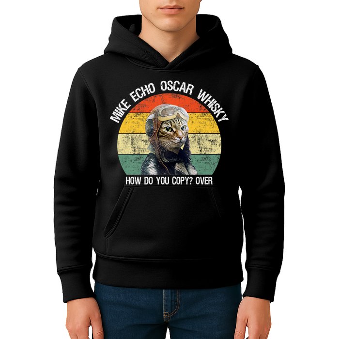 Funny Cat Pilot Mike Echo Oscar Whisky How Do You Copy Meow Kids Hoodie