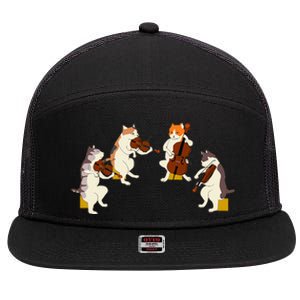 Fun Cats Playing Violin Cello Gift Music Cat Lover 7 Panel Mesh Trucker Snapback Hat