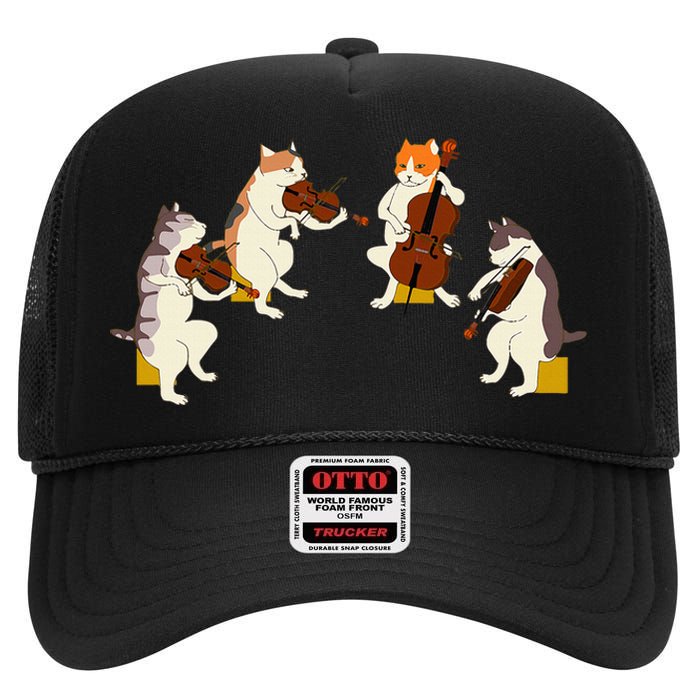 Fun Cats Playing Violin Cello Gift Music Cat Lover High Crown Mesh Back Trucker Hat