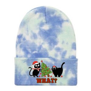 Funny Cat Pushing Christmas Tree Over Cat What? Tie Dye 12in Knit Beanie