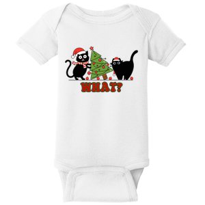 Funny Cat Pushing Christmas Tree Over Cat What? Baby Bodysuit