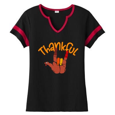 Funny Cute Peace Hand Sign Thankful Turkey Thanksgiving Grateful Autumn Fall Ladies Halftime Notch Neck Tee