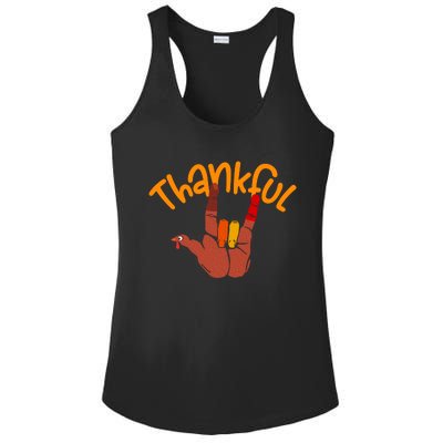 Funny Cute Peace Hand Sign Thankful Turkey Thanksgiving Grateful Autumn Fall Ladies PosiCharge Competitor Racerback Tank