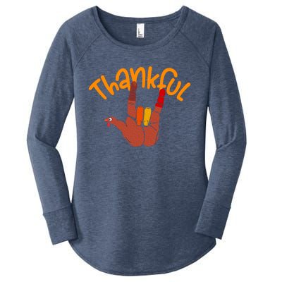 Funny Cute Peace Hand Sign Thankful Turkey Thanksgiving Grateful Autumn Fall Women's Perfect Tri Tunic Long Sleeve Shirt