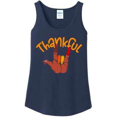 Funny Cute Peace Hand Sign Thankful Turkey Thanksgiving Grateful Autumn Fall Ladies Essential Tank