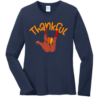 Funny Cute Peace Hand Sign Thankful Turkey Thanksgiving Grateful Autumn Fall Ladies Long Sleeve Shirt