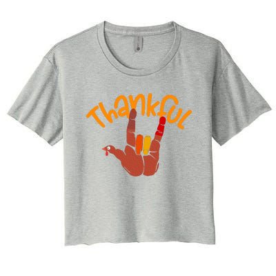 Funny Cute Peace Hand Sign Thankful Turkey Thanksgiving Grateful Autumn Fall Women's Crop Top Tee