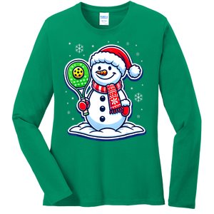 Funny Christmas Pickleball Snowman Pickleball Player Xmas Gift Ladies Long Sleeve Shirt