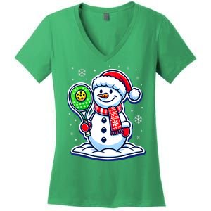 Funny Christmas Pickleball Snowman Pickleball Player Xmas Gift Women's V-Neck T-Shirt