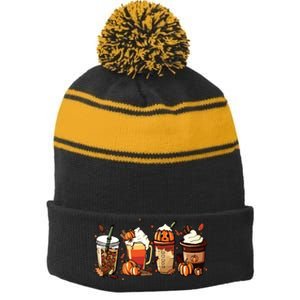 Fall Coffee Pumpkin Coffee Latte Halloween Stripe Pom Pom Beanie