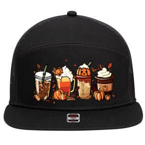 Fall Coffee Pumpkin Coffee Latte Halloween 7 Panel Mesh Trucker Snapback Hat