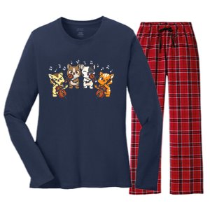 Funny Cats Playing Violin Cello Orchestra Musician Music Gift Lovers Women's Long Sleeve Flannel Pajama Set 