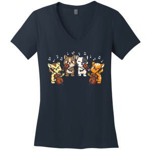 Funny Cats Playing Violin Cello Orchestra Musician Music Gift Lovers Women's V-Neck T-Shirt