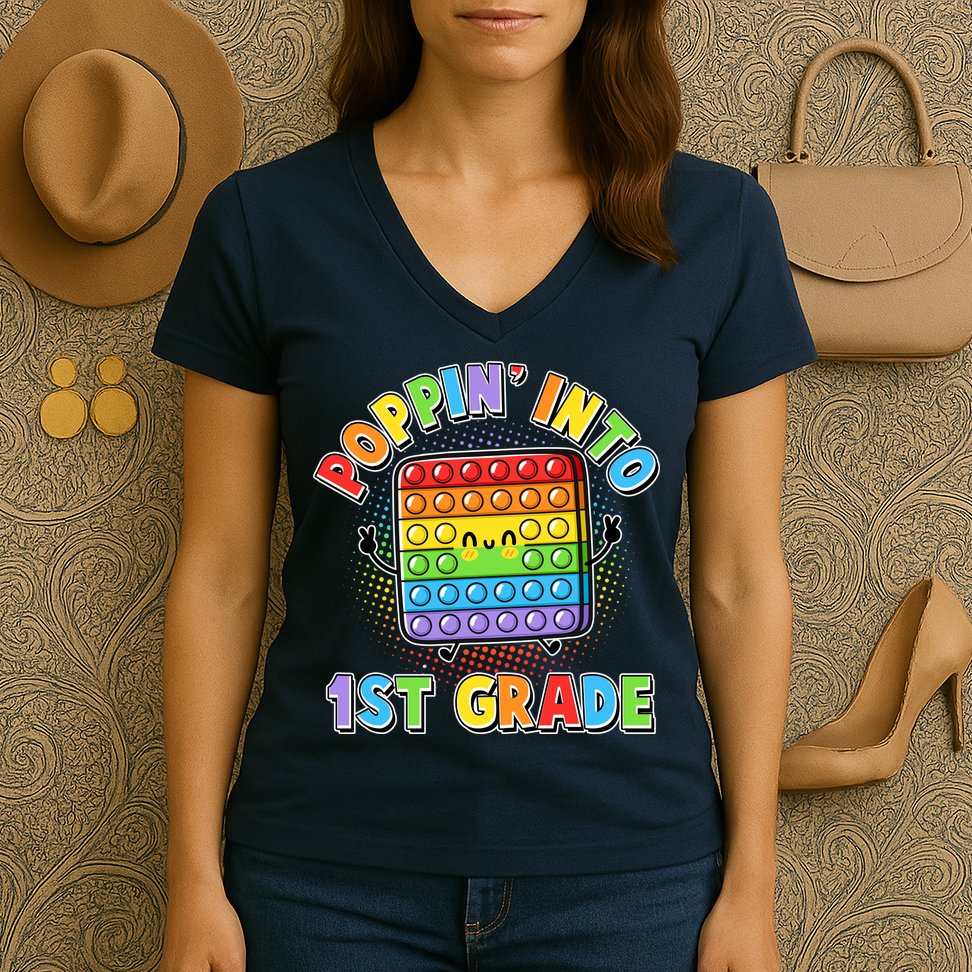 Funny Cute Poppin' Into 1st Grade Fidget Toy Women's V-Neck T-Shirt