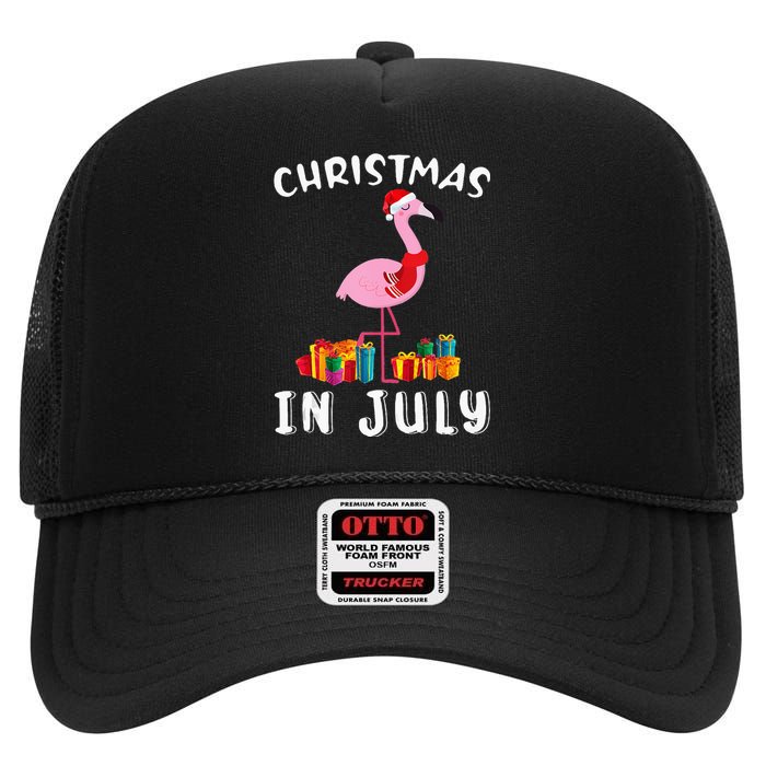 Funny Cute Pink Flamingo in Santa Hat Christmas In July High Crown Mesh Back Trucker Hat