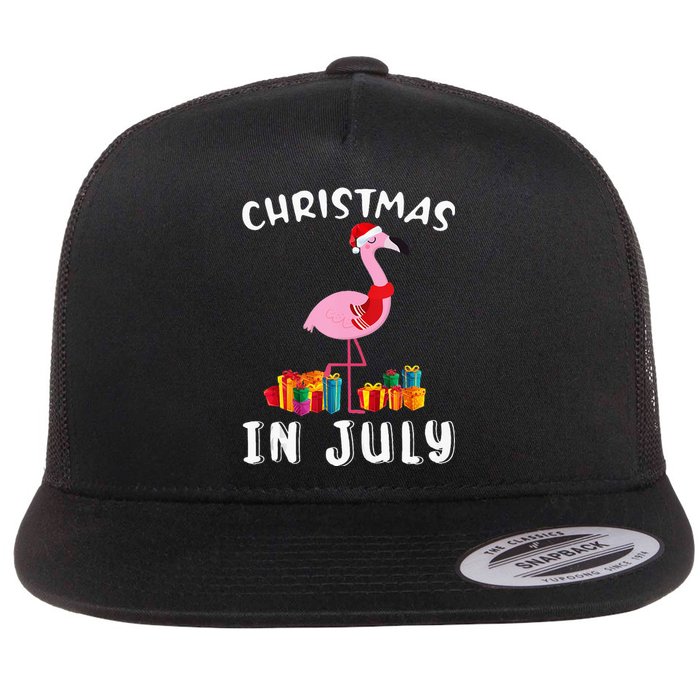 Funny Cute Pink Flamingo in Santa Hat Christmas In July Flat Bill Trucker Hat