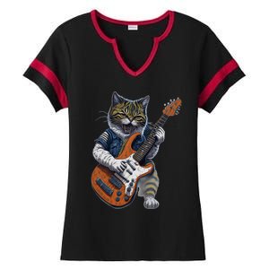 Funny Cat Playing Guitar Cat Lover Graphic Cats Kitten Lover Ladies Halftime Notch Neck Tee