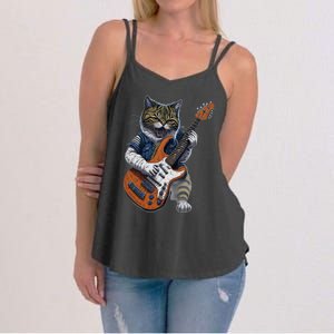 Funny Cat Playing Guitar Cat Lover Graphic Cats Kitten Lover Women's Strappy Tank