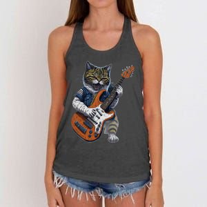 Funny Cat Playing Guitar Cat Lover Graphic Cats Kitten Lover Women's Knotted Racerback Tank