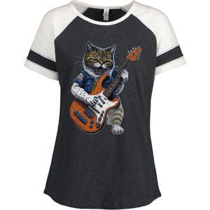 Funny Cat Playing Guitar Cat Lover Graphic Cats Kitten Lover Enza Ladies Jersey Colorblock Tee