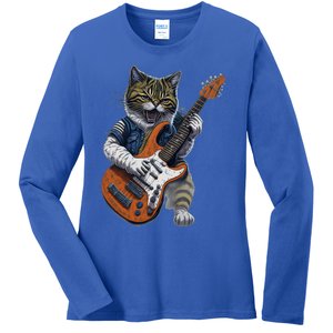 Funny Cat Playing Guitar Cat Lover Graphic Cats Kitten Lover Ladies Long Sleeve Shirt