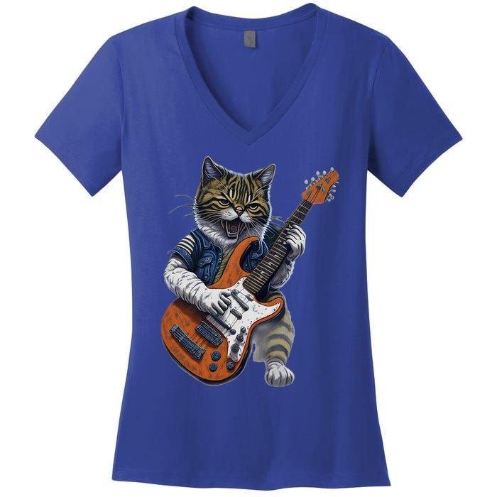 Funny Cat Playing Guitar Cat Lover Graphic Cats Kitten Lover Women's V-Neck T-Shirt