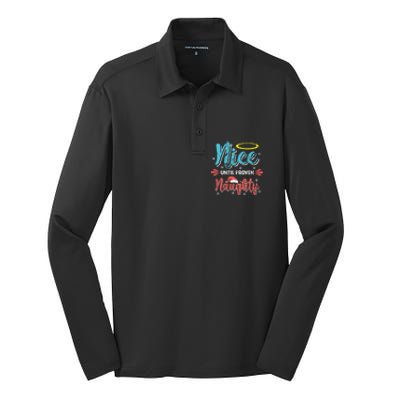 Funny Christmas Pun Nice Until Proven Naughty Distressed Meaningful Gift Silk Touch Performance Long Sleeve Polo