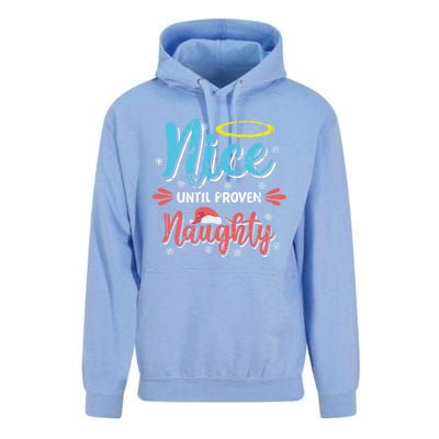 Funny Christmas Pun Nice Until Proven Naughty Distressed Meaningful Gift Unisex Surf Hoodie