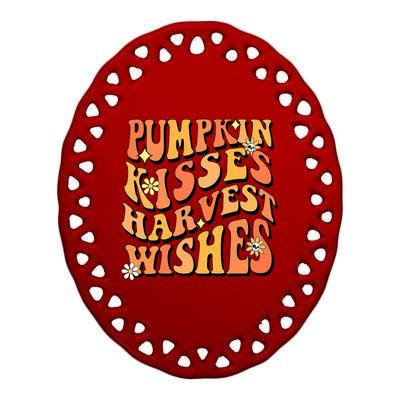 Funny Cute Pumpkin Kisses Harvest Wishes Retro Fall Autumn Thanksgiving Ceramic Oval Ornament