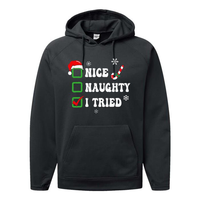 Funny Christmas Pajama Lights Nice Naughty I Tried Holiday Performance Fleece Hoodie