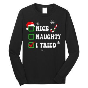 Funny Christmas Pajama Lights Nice Naughty I Tried Holiday Long Sleeve Shirt