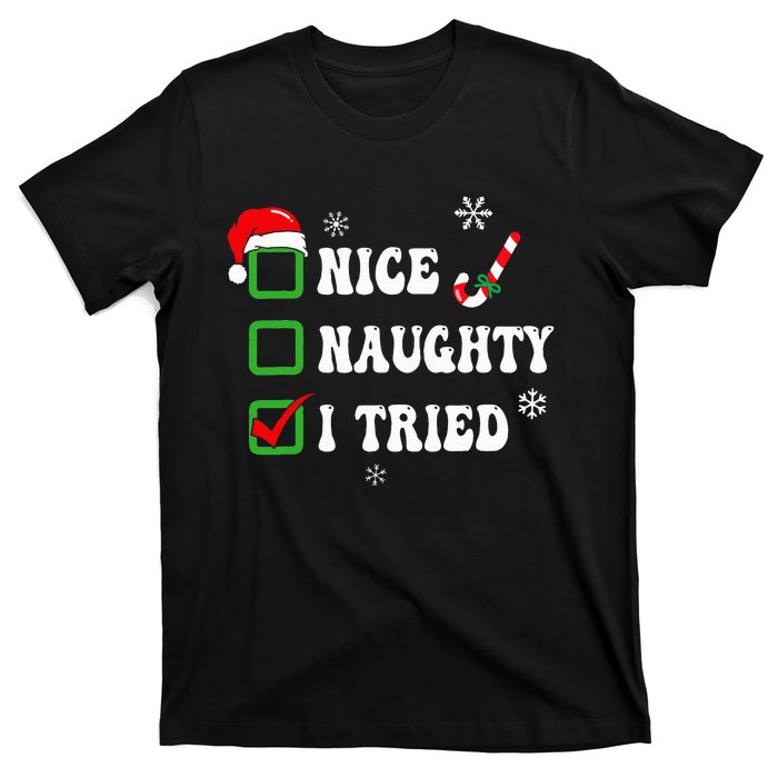 Funny Christmas Pajama Lights Nice Naughty I Tried Holiday T-Shirt