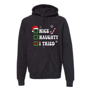 Funny Christmas Pajama Lights Nice Naughty I Tried Holiday Premium Hoodie