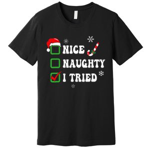 Funny Christmas Pajama Lights Nice Naughty I Tried Holiday Premium T-Shirt