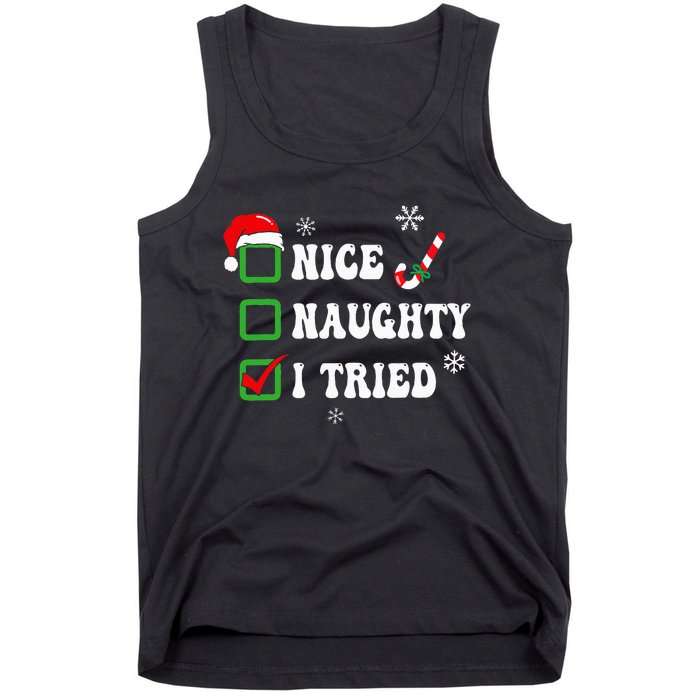 Funny Christmas Pajama Lights Nice Naughty I Tried Holiday Tank Top