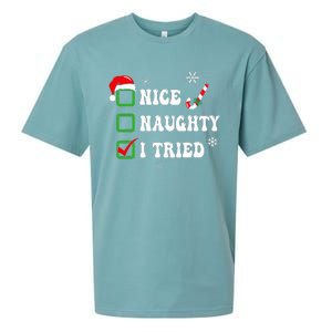 Funny Christmas Pajama Lights Nice Naughty I Tried Holiday Sueded Cloud Jersey T-Shirt