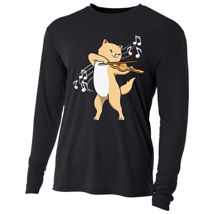 Funny Cat Playing Violin Giftt Cool Violinist Gift Cooling Performance Long Sleeve Crew