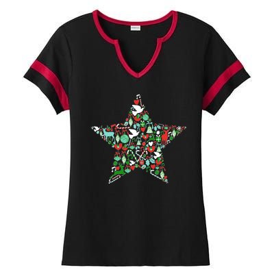 Festive Christmas Pattern Star Ladies Halftime Notch Neck Tee