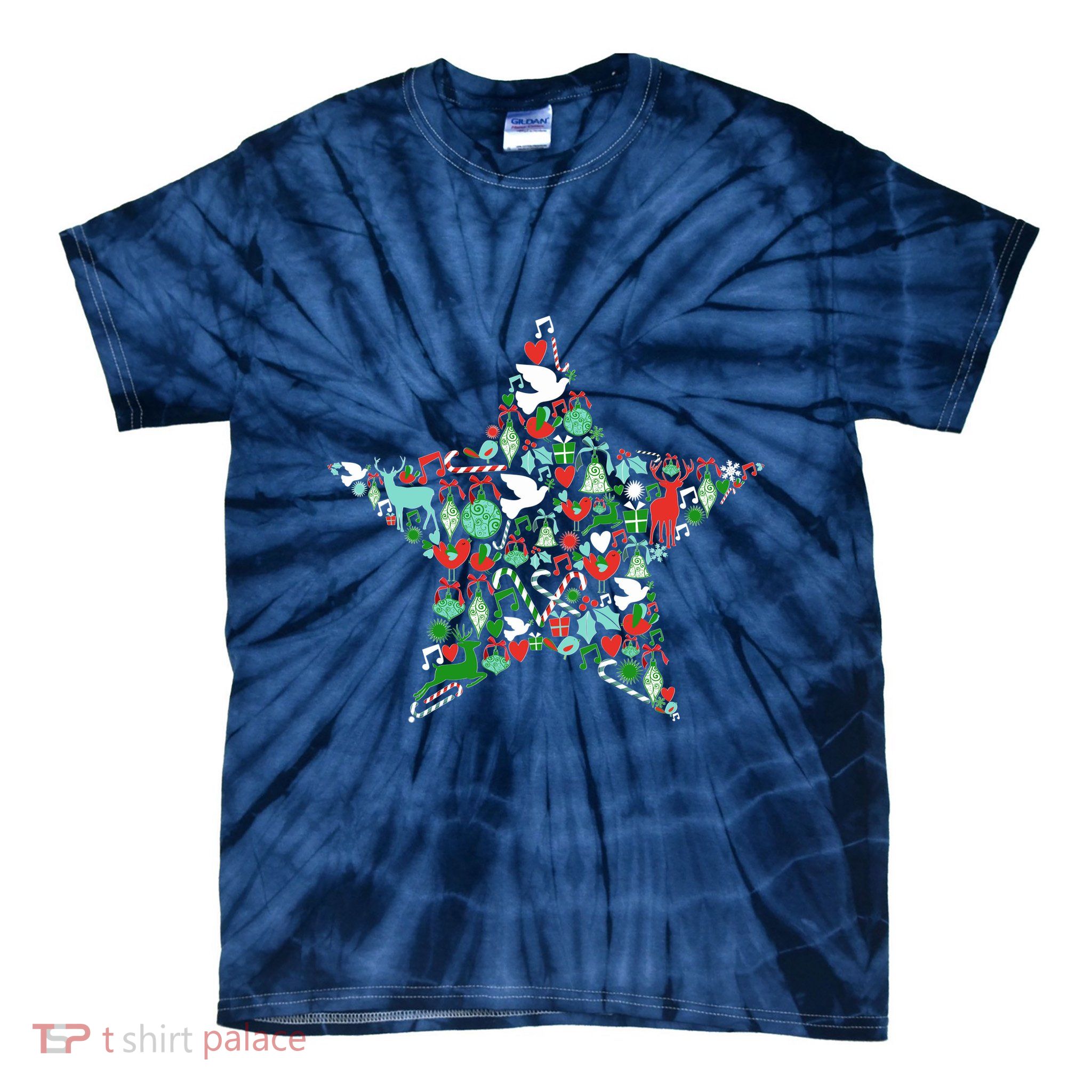 Festive Christmas Pattern Star Tie-Dye T-Shirt