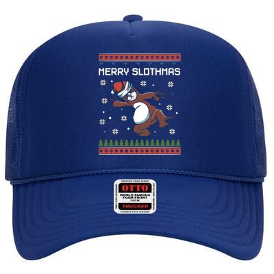 Funny Costume Pj Christmas Merry Slothmas Ugly Xmas Cool Gift High Crown Mesh Back Trucker Hat