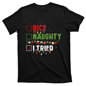 Funny Christmas Pajama Lights Nice Naughty I Tried Holiday T-Shirt