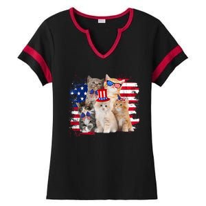 Funny Cat Patriotic USA Cat Lovers Cat Moms 4th July Ladies Halftime Notch Neck Tee