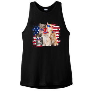 Funny Cat Patriotic USA Cat Lovers Cat Moms 4th July Ladies PosiCharge Tri-Blend Wicking Tank