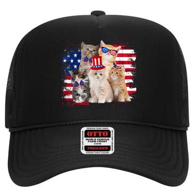 Funny Cat Patriotic USA Cat Lovers Cat Moms 4th July High Crown Mesh Back Trucker Hat