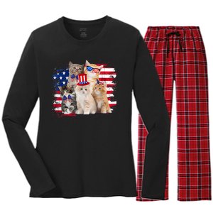 Funny Cat Patriotic USA Cat Lovers Cat Moms 4th July Women's Long Sleeve Flannel Pajama Set 