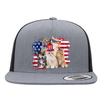 Funny Cat Patriotic USA Cat Lovers Cat Moms 4th July Flat Bill Trucker Hat