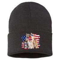 Funny Cat Patriotic USA Cat Lovers Cat Moms 4th July Sustainable Knit Beanie