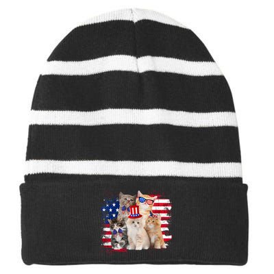 Funny Cat Patriotic USA Cat Lovers Cat Moms 4th July Striped Beanie with Solid Band