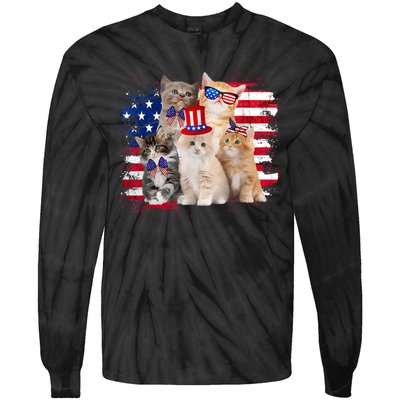 Funny Cat Patriotic USA Cat Lovers Cat Moms 4th July Tie-Dye Long Sleeve Shirt