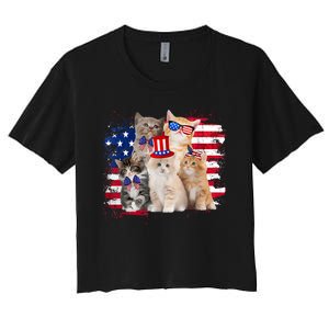 Funny Cat Patriotic USA Cat Lovers Cat Moms 4th July Women's Crop Top Tee